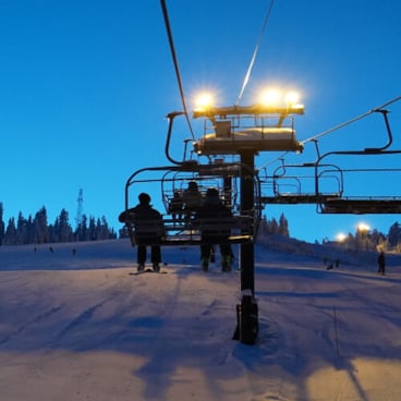 Group on chairlift at night